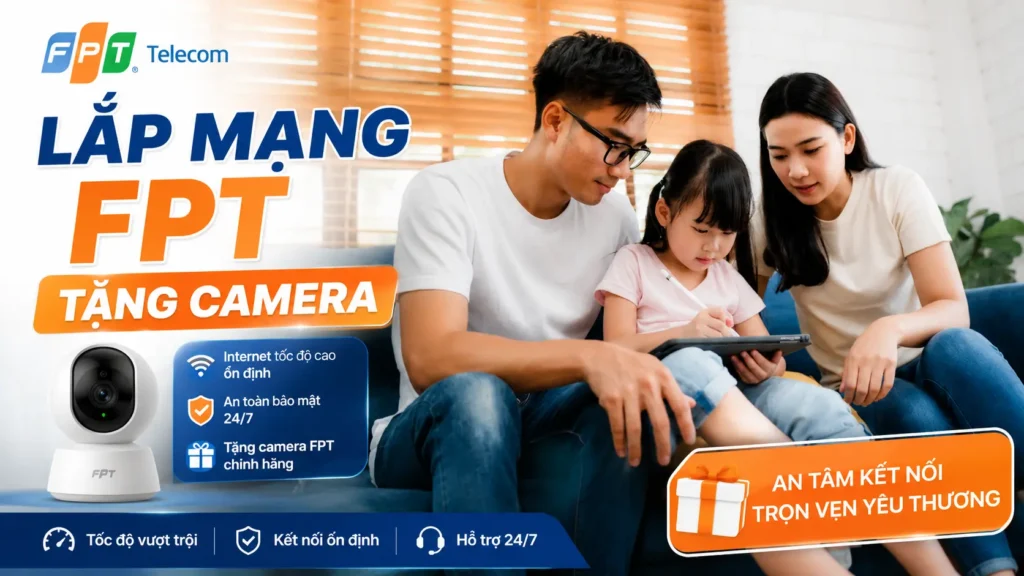 Lắp mạng FPT tặng camera – đăng ký Internet FPT tốc độ cao, nhận camera giám sát, phù hợp cho gia đình và hộ kinh doanh.