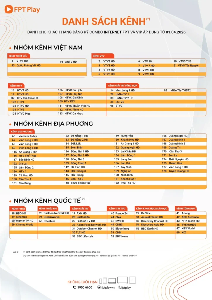 Cập nhật mới nhất danh sách kênh truyền hình FPT Play năm 2026, truyền hình tương tác, xem lại cùng kho phim hấp dẫn.