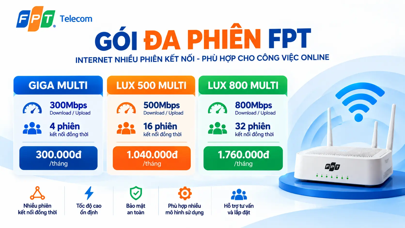 Bạn đang tìm kiếm gói đa phiên FPT để phục vụ công việc MMO, kinh doanh trực tuyến, chạy quảng cáo hoặc hệ thống cần quản lý nhiều phiên kết nối? Internet đa phiên FPT là giải pháp đáng tham khảo với các lựa chọn Giga Multi, Lux 500 Multi và Lux 800 Multi, đáp ứng những nhu cầu khác nhau về số phiên, tốc độ đường truyền và chi phí.