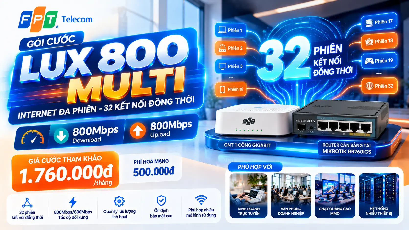 Gói Lux 800 Multi FPT là giải pháp Internet cáp quang đa phiên dành cho khách hàng có nhu cầu sử dụng nhiều phiên kết nối đồng thời, quản lý nhiều thiết bị và xây dựng hệ thống mạng chuyên biệt. Với tốc độ Internet tham khảo 800Mbps download và 800Mbps upload, gói cước hướng tới người dùng cần băng thông cao cùng khả năng tổ chức nhiều phiên kết nối trên một đường truyền.