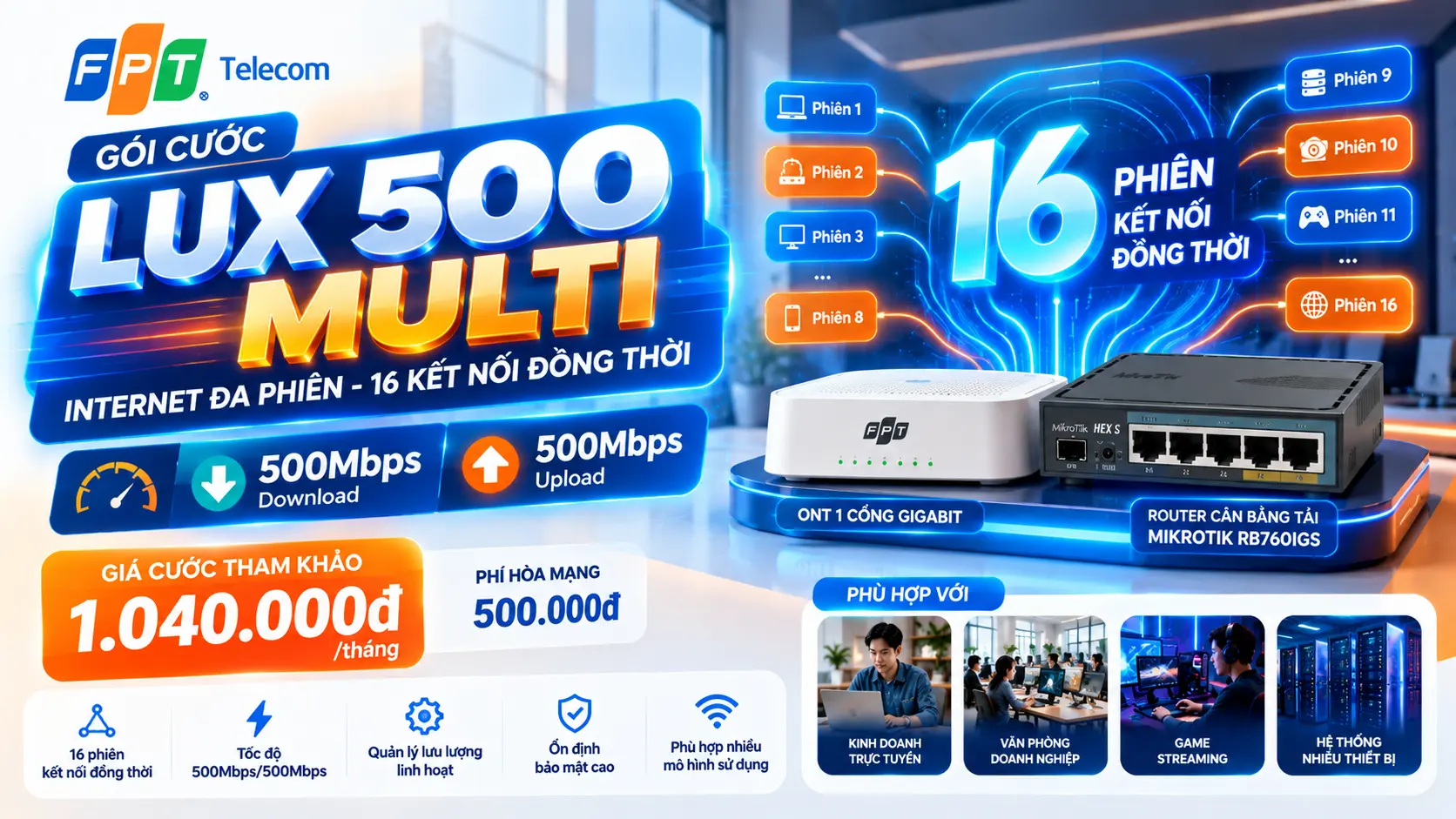 Gói Lux 500 Multi FPT là giải pháp Internet cáp quang đa phiên dành cho khách hàng có nhu cầu sử dụng nhiều phiên kết nối đồng thời trên cùng một đường truyền. Với tốc độ Internet tham khảo 500Mbps download và 500Mbps upload, gói cước hướng tới những người dùng cần xây dựng hệ thống mạng chuyên biệt, quản lý nhiều kết nối hoặc vận hành nhiều thiết bị cùng lúc.